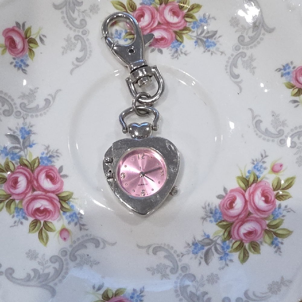 Heart-Shaped Silver and Pink Keychain Watch